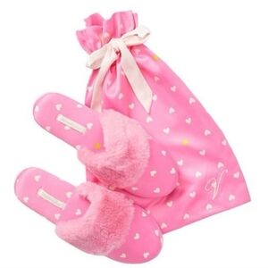 Victoria's Secret Pink Heart Print Satin Slippers with Faux Fur Trim Size 9-10